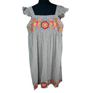 Savanna Jane White Striped Ruffled Dress Floral Embroidery Red Yellow Orange